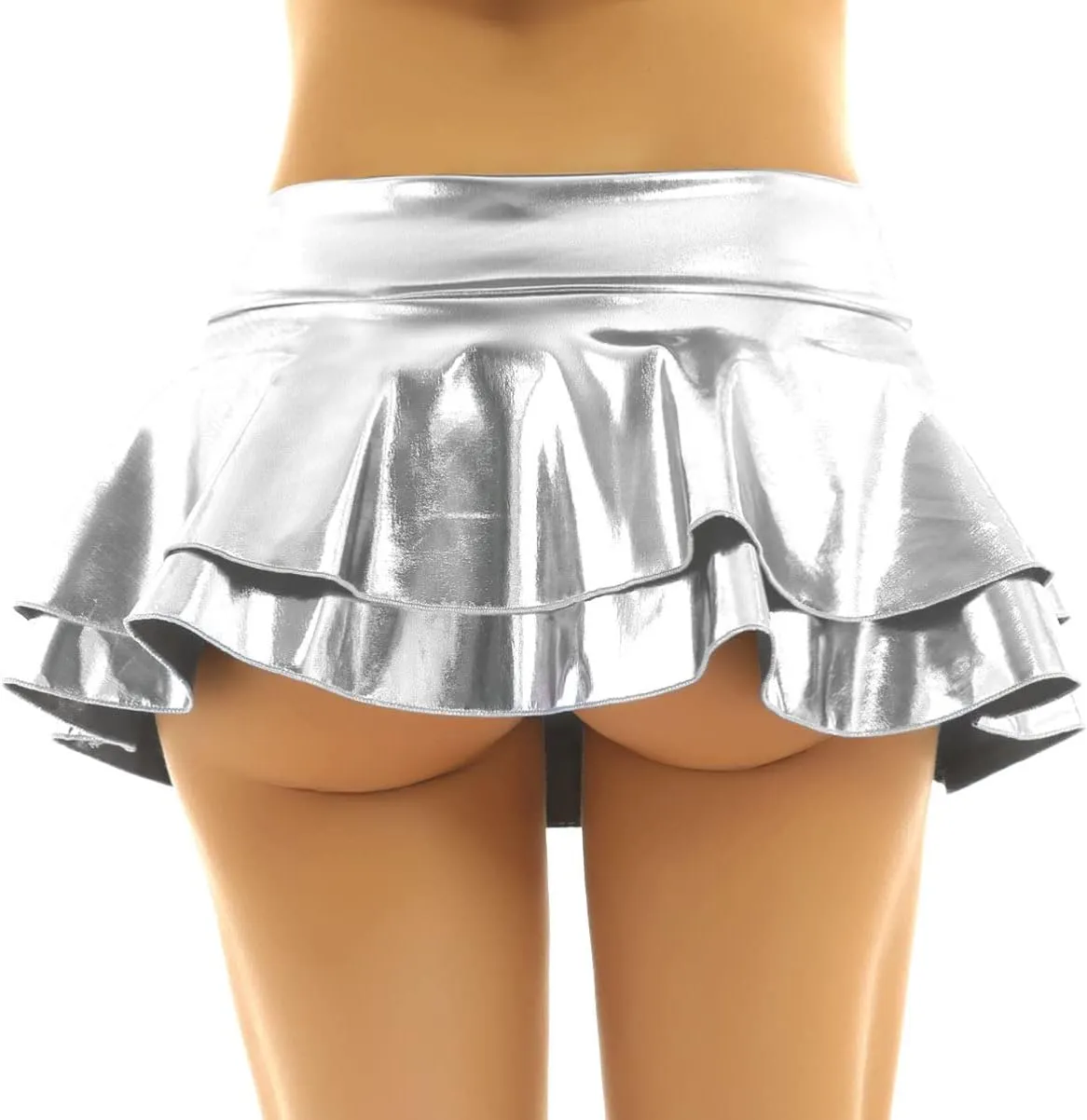 Womens Wet Look Low Rise Double Layered Ruffled Pleated Mini Skirt Rave Bottoms