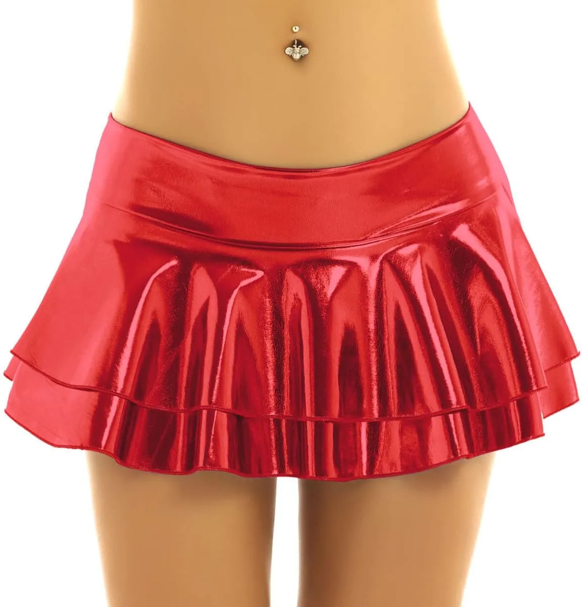 Womens Wet Look Low Rise Double Layered Ruffled Pleated Mini Skirt Rave Bottoms