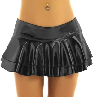 Womens Wet Look Low Rise Double Layered Ruffled Pleated Mini Skirt Rave Bottoms