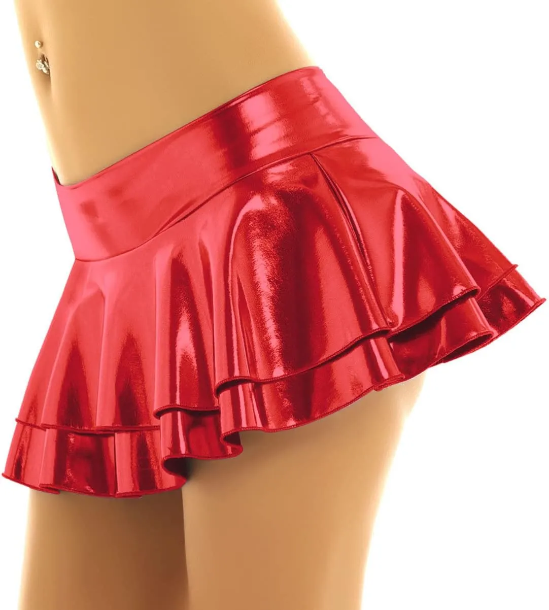 Womens Wet Look Low Rise Double Layered Ruffled Pleated Mini Skirt Rave Bottoms