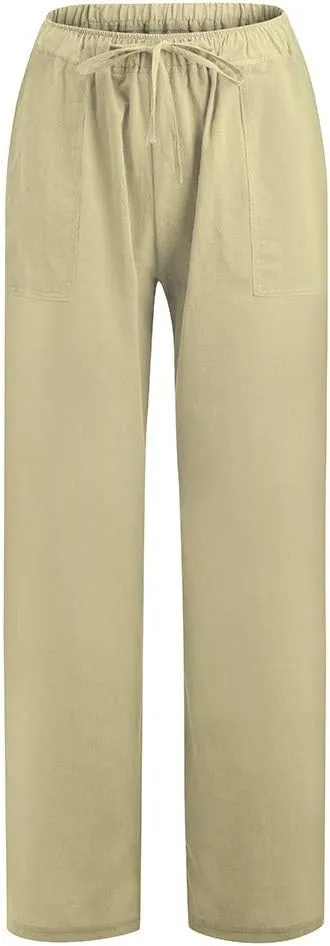 Women's Wide Leg Linen Pants Dressy Elastic High Waisted Palazzo Pant Yoga Pleated Trousers with Pocket