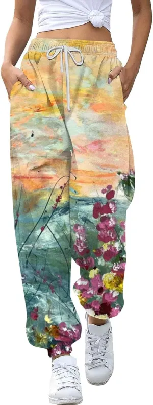 Womens Wide Leg Sweatpants High Waisted Cinch Bottoms Baggy Flared Yoga Pants Pockets Drawstring Athletic Joggers