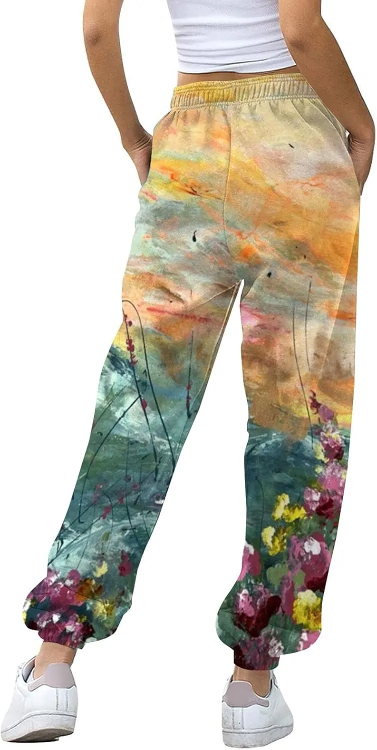 Womens Wide Leg Sweatpants High Waisted Cinch Bottoms Baggy Flared Yoga Pants Pockets Drawstring Athletic Joggers
