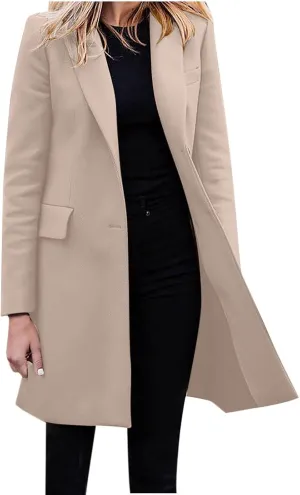 Women's Winter Double Breasted Pea Coat Wool Blend Long Sleeve Notch Lapel Casual Long Trench Coat Open Front Jacket