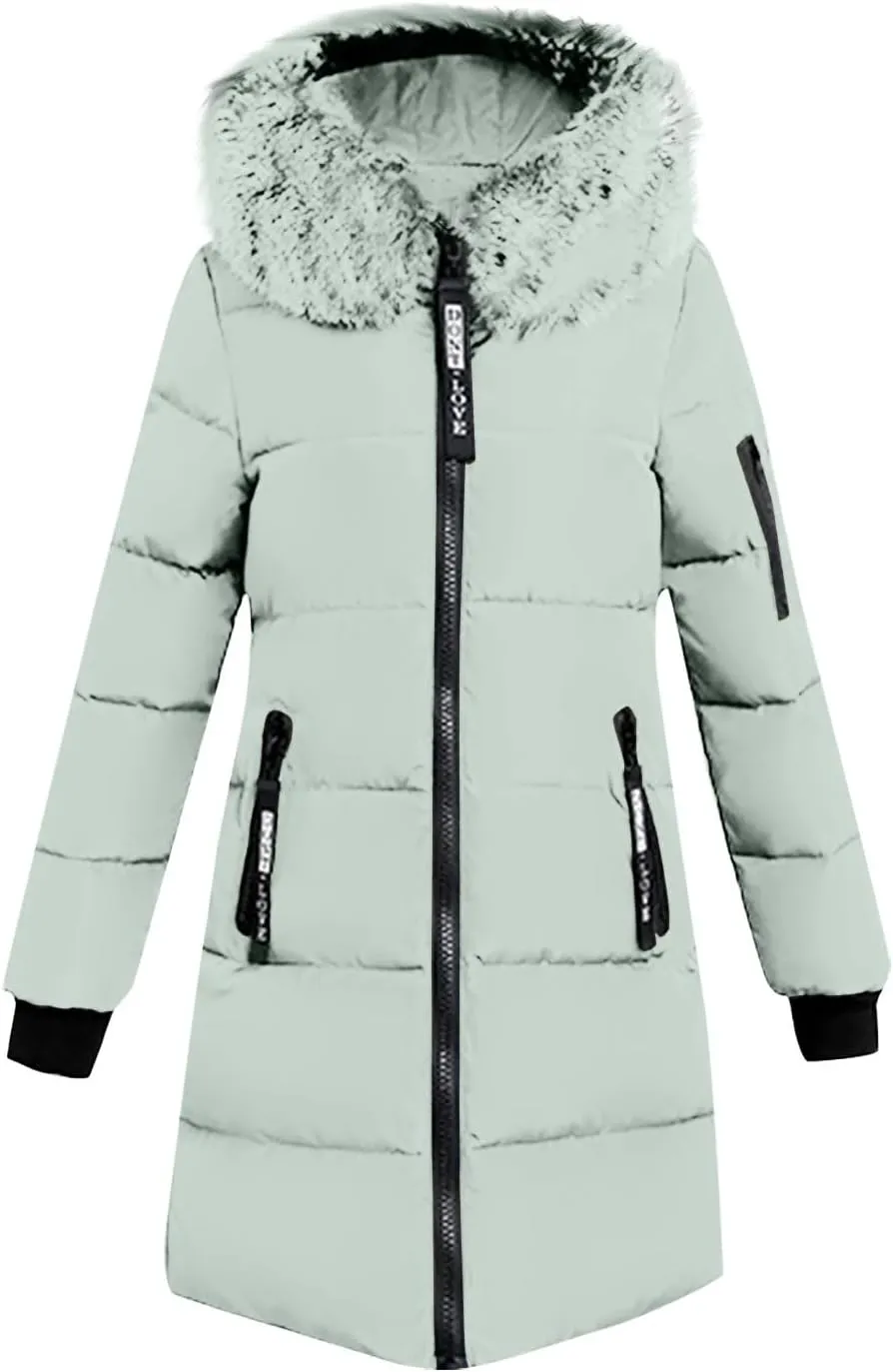 Womens Winter Long Puffer Coats Down Thicken Warm Quilted Jacket Mid-Length with Side Zipper Pocket Hood Outerwear