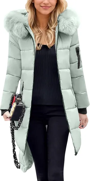 Womens Winter Long Puffer Coats Down Thicken Warm Quilted Jacket Mid-Length with Side Zipper Pocket Hood Outerwear