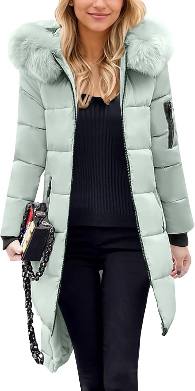 Womens Winter Long Puffer Coats Down Thicken Warm Quilted Jacket Mid-Length with Side Zipper Pocket Hood Outerwear