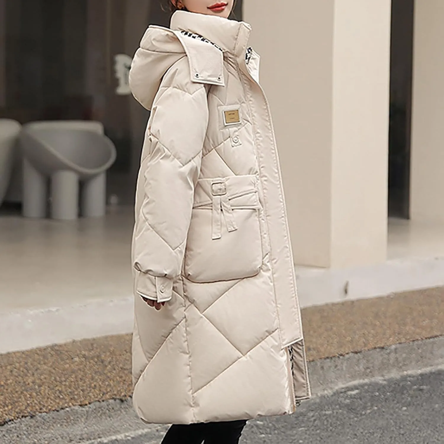 Women's Winter Over Knee Hooded Maxi Long Puffer Down Coat Long Winter Coats Zip Up Padded Coat Maxi Length Outerwear