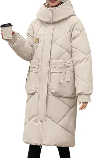 Women's Winter Over Knee Hooded Maxi Long Puffer Down Coat Long Winter Coats Zip Up Padded Coat Maxi Length Outerwear