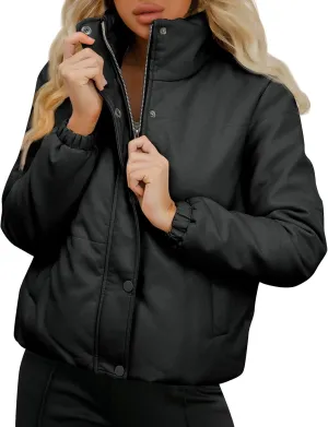 Women's Winter Puffer Jacket Long Sleeve Zip Up Quilted Baggy Warm Short Puffer Down Coats Hooded with Pockets