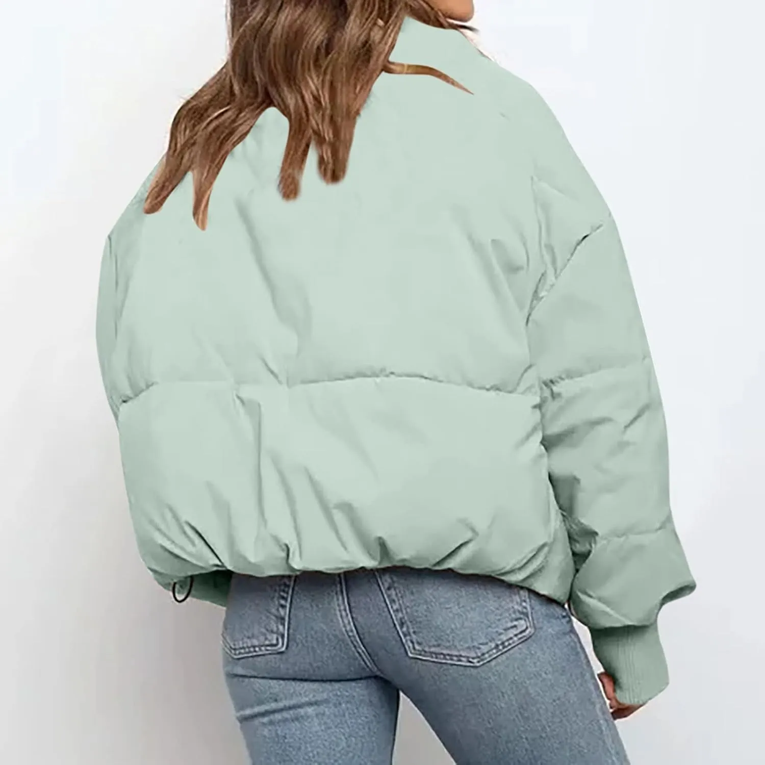 Women's Winter Short Puffer Down Jacket Coat Ladies Fashion Solid Long Sleeve Full Zipper Baggy Padded Outerwear