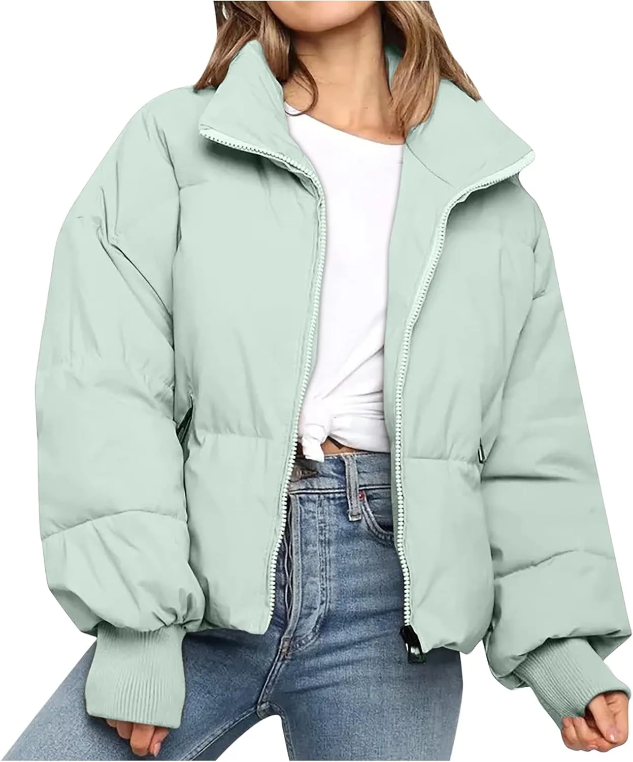 Women's Winter Short Puffer Down Jacket Coat Ladies Fashion Solid Long Sleeve Full Zipper Baggy Padded Outerwear