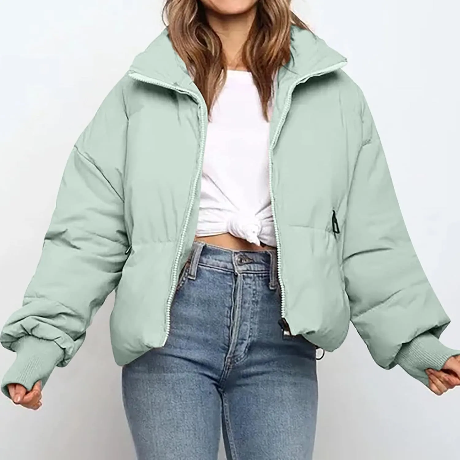 Women's Winter Short Puffer Down Jacket Coat Ladies Fashion Solid Long Sleeve Full Zipper Baggy Padded Outerwear