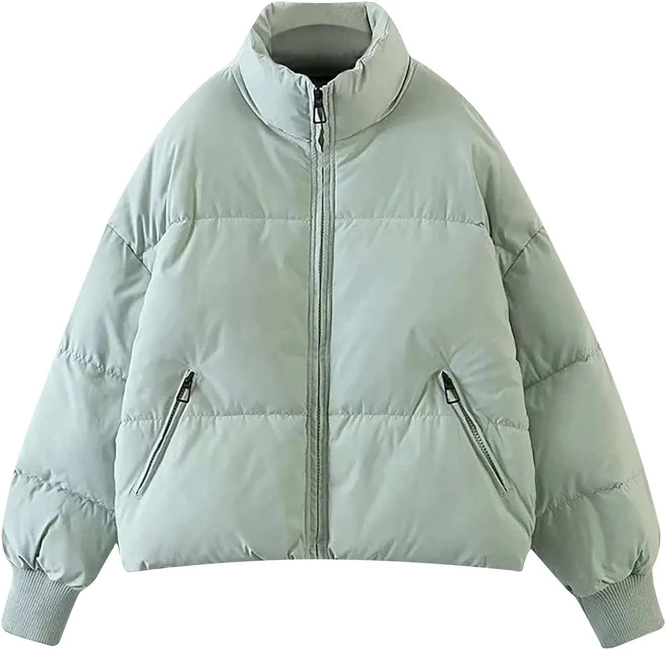 Women's Winter Short Puffer Down Jacket Coat Ladies Fashion Solid Long Sleeve Full Zipper Baggy Padded Outerwear