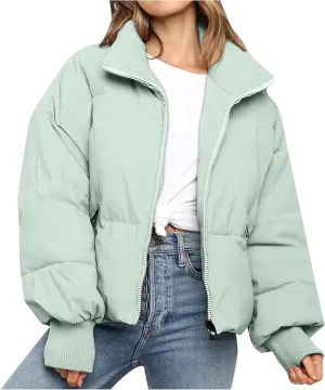 Women's Winter Short Puffer Down Jacket Coat Ladies Fashion Solid Long Sleeve Full Zipper Baggy Padded Outerwear