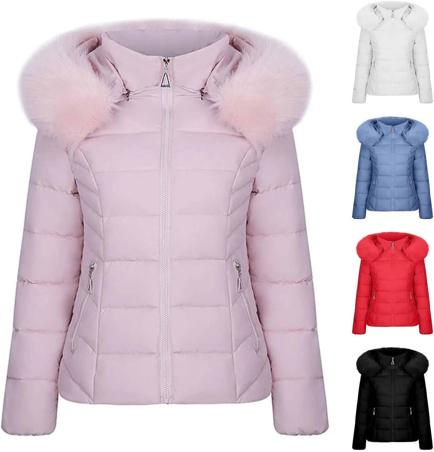 Womens Winter Solid Zipper Puffer Coat Long Sleeve Pocket Quilted Down Coat Comfort Warm Soft Overcoat Outdoor Clothes