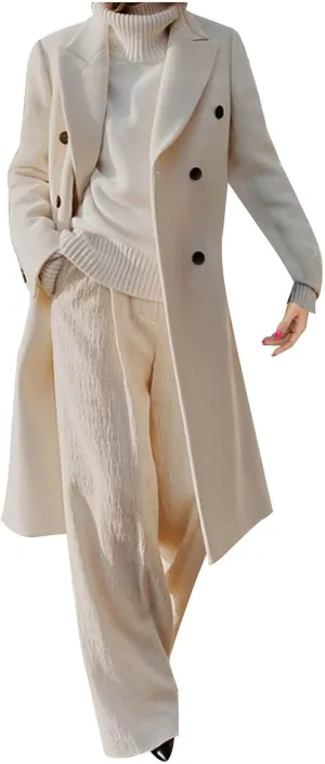Womens Winter Wool Blend Pea Coat Lapel Double Breasted Outerwear Trendy Jacket Business Long Trench Coats with Pocket