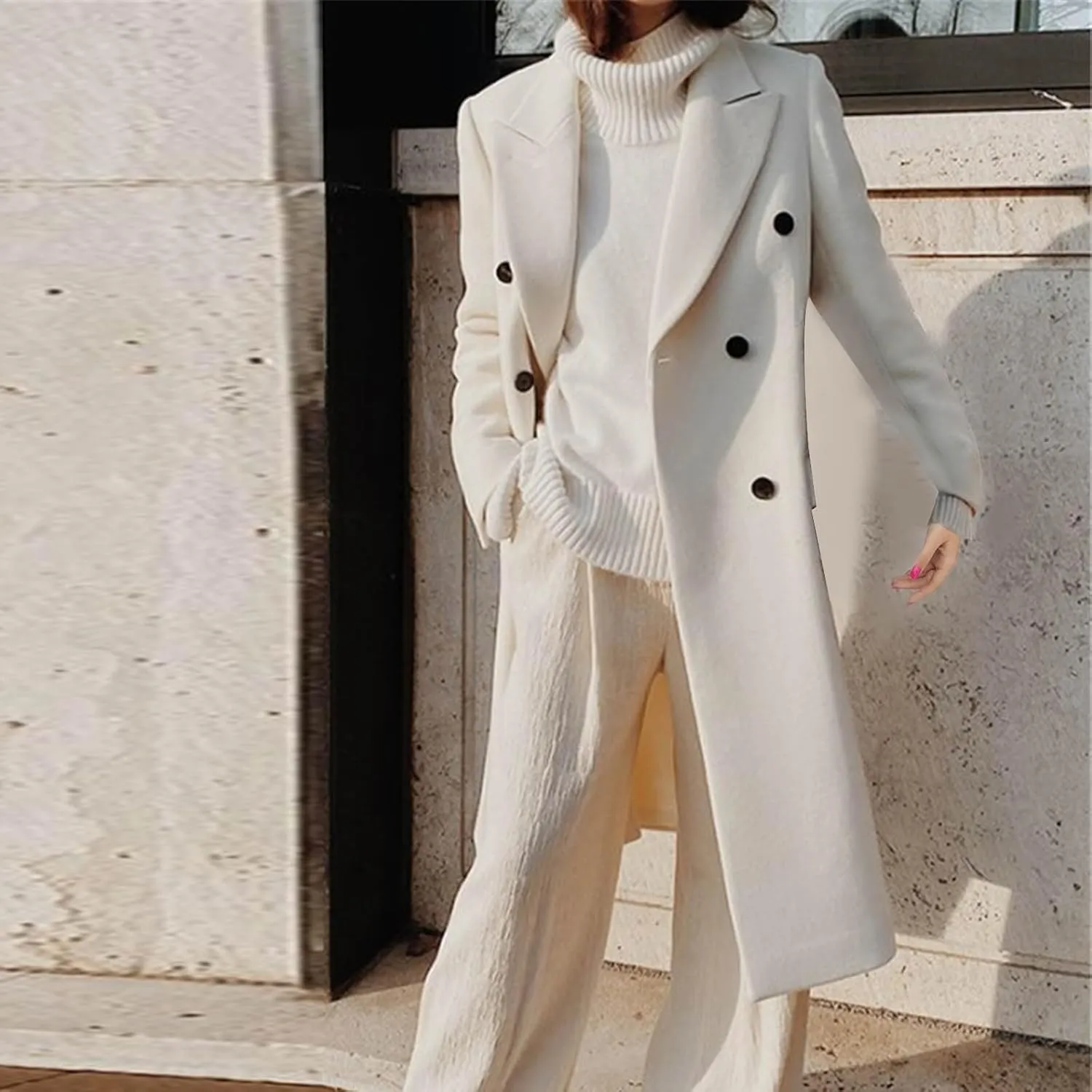 Womens Winter Wool Blend Pea Coat Lapel Double Breasted Outerwear Trendy Jacket Business Long Trench Coats with Pocket
