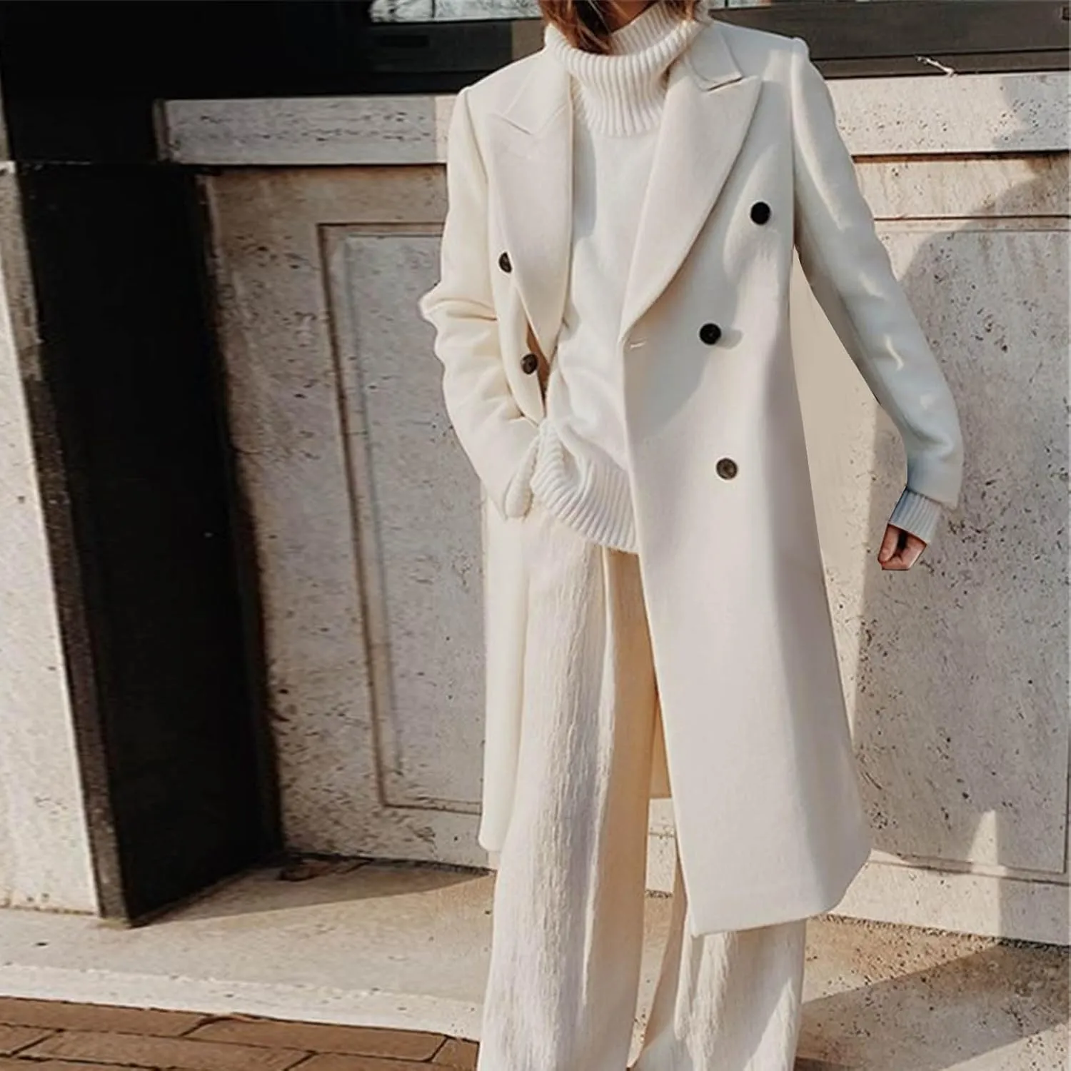 Womens Winter Wool Blend Pea Coat Lapel Double Breasted Outerwear Trendy Jacket Business Long Trench Coats with Pocket