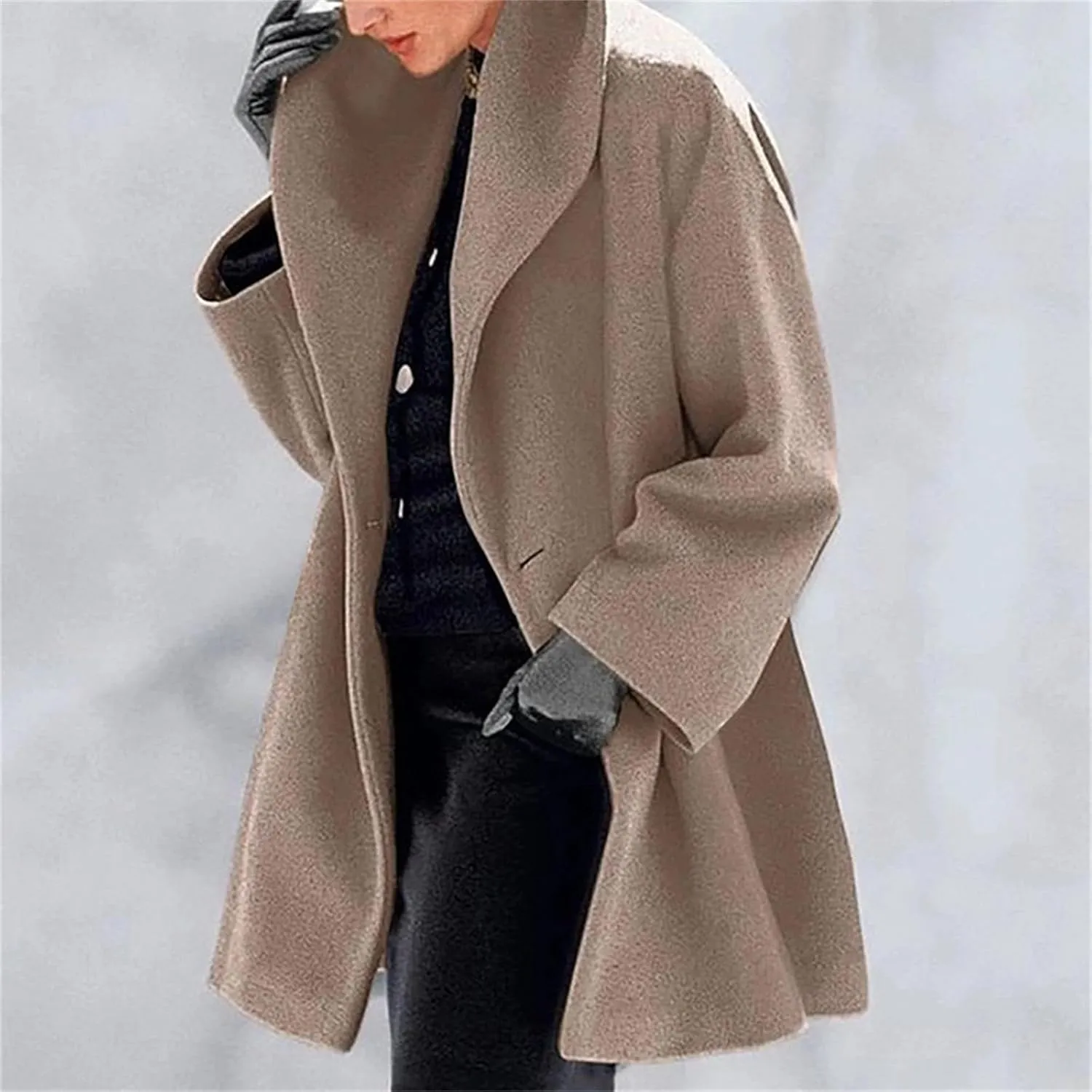 Womens Wool Blend Coat Oversized Notch Lapel Single Breasted Casual Mid Long Pea Trench Coat Overcoat Outerwear