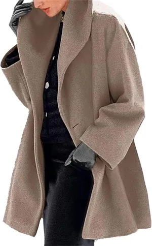 Womens Wool Blend Coat Oversized Notch Lapel Single Breasted Casual Mid Long Pea Trench Coat Overcoat Outerwear