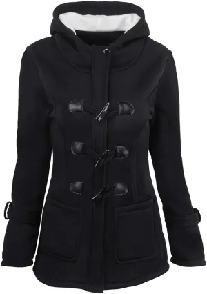 Womens Wool Blend Pea Coat Horn Button Fleece Coat Zipper Hooded Outwear Thicken Warm Casual Jackets with Pockets