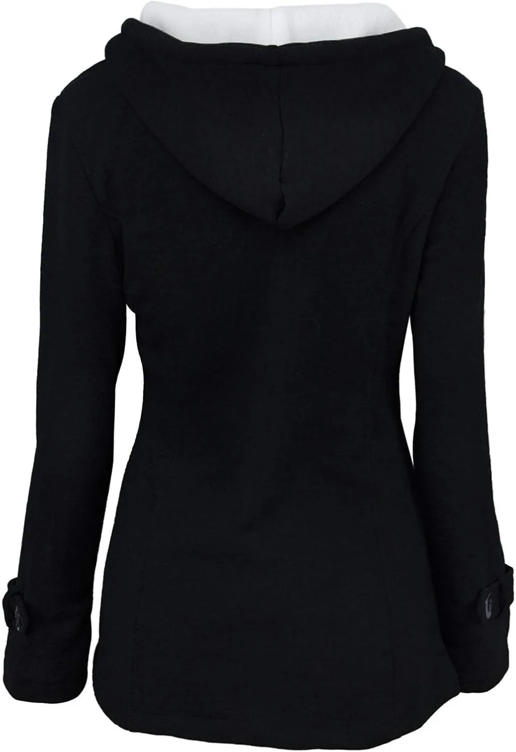 Womens Wool Blend Pea Coat Horn Button Fleece Coat Zipper Hooded Outwear Thicken Warm Casual Jackets with Pockets