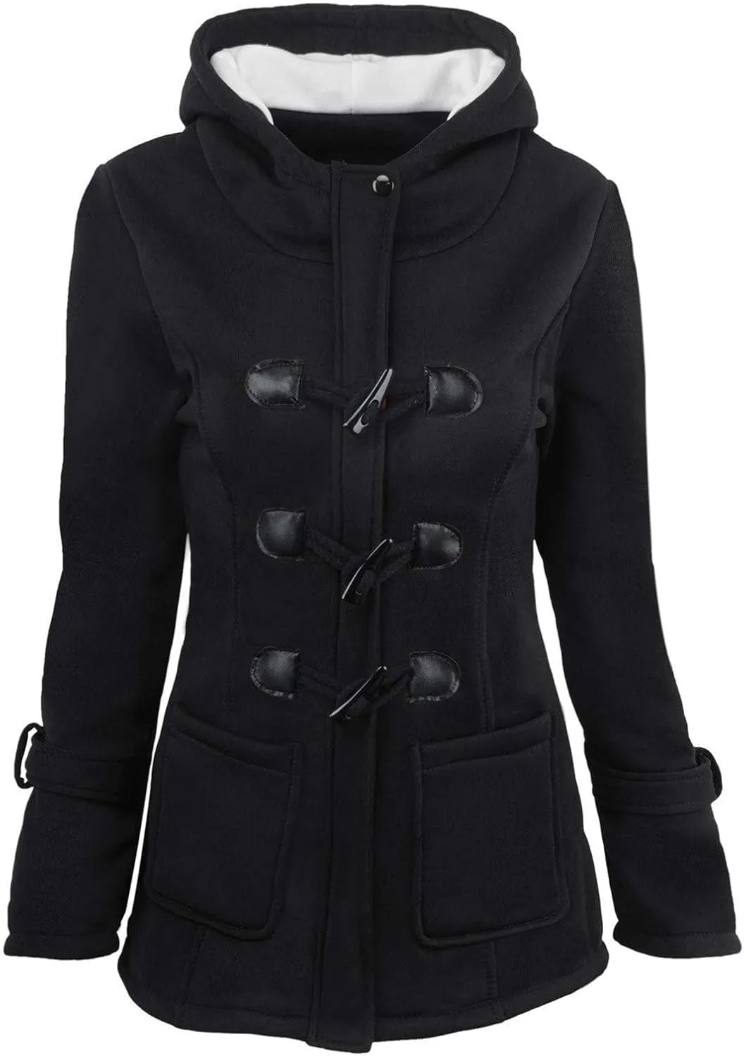 Womens Wool Blend Pea Coat Horn Button Fleece Coat Zipper Hooded Outwear Thicken Warm Casual Jackets with Pockets