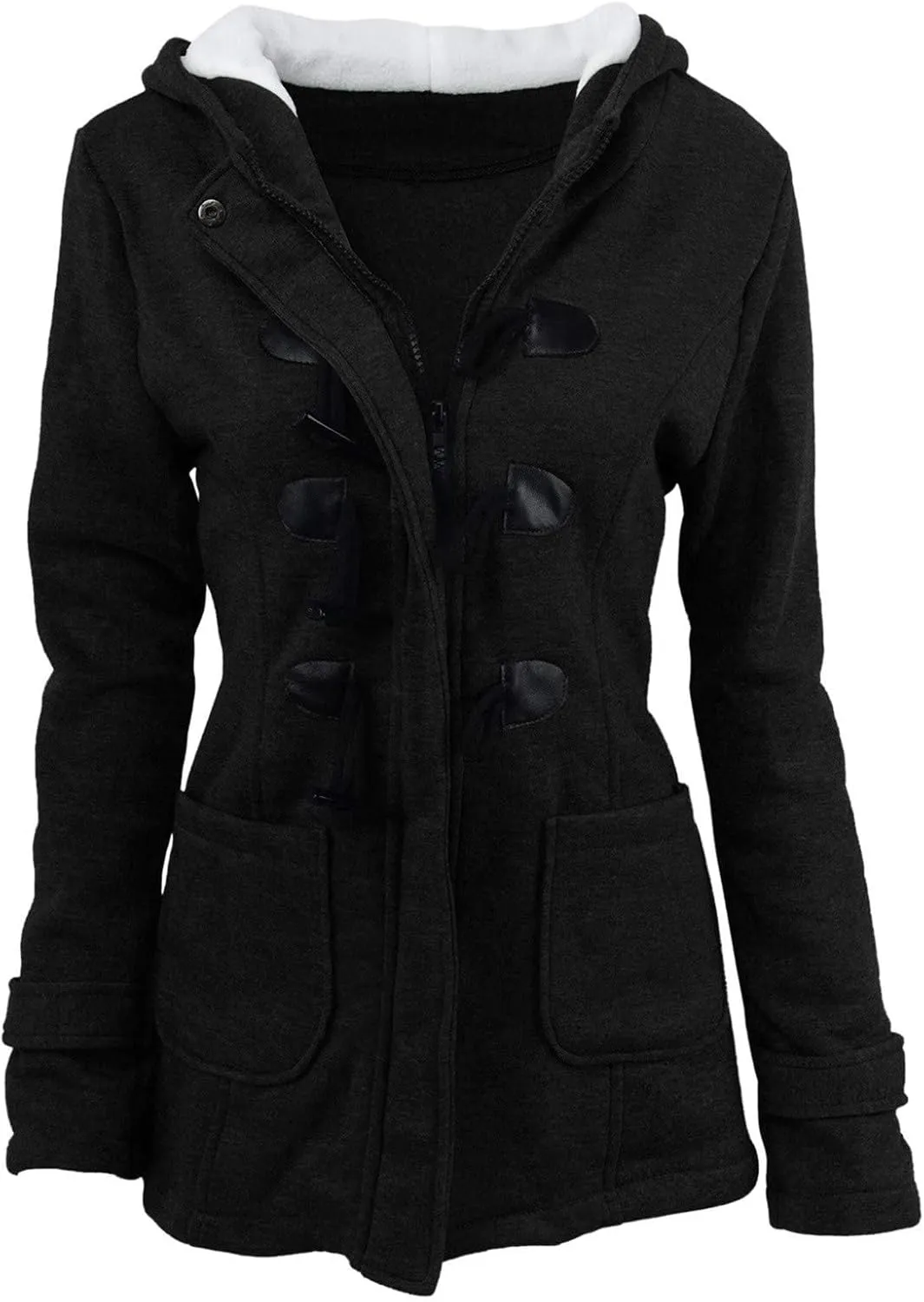 Womens Wool Blend Pea Coat Horn Button Fleece Coat Zipper Hooded Outwear Thicken Warm Casual Jackets with Pockets