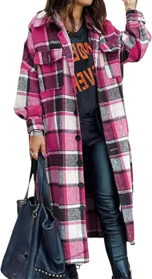 Women's Wool Blend Plaid Coat Single Breasted Long Oversized Pea Coat Jackets Casual Long Sleeve Jacket with Pockets