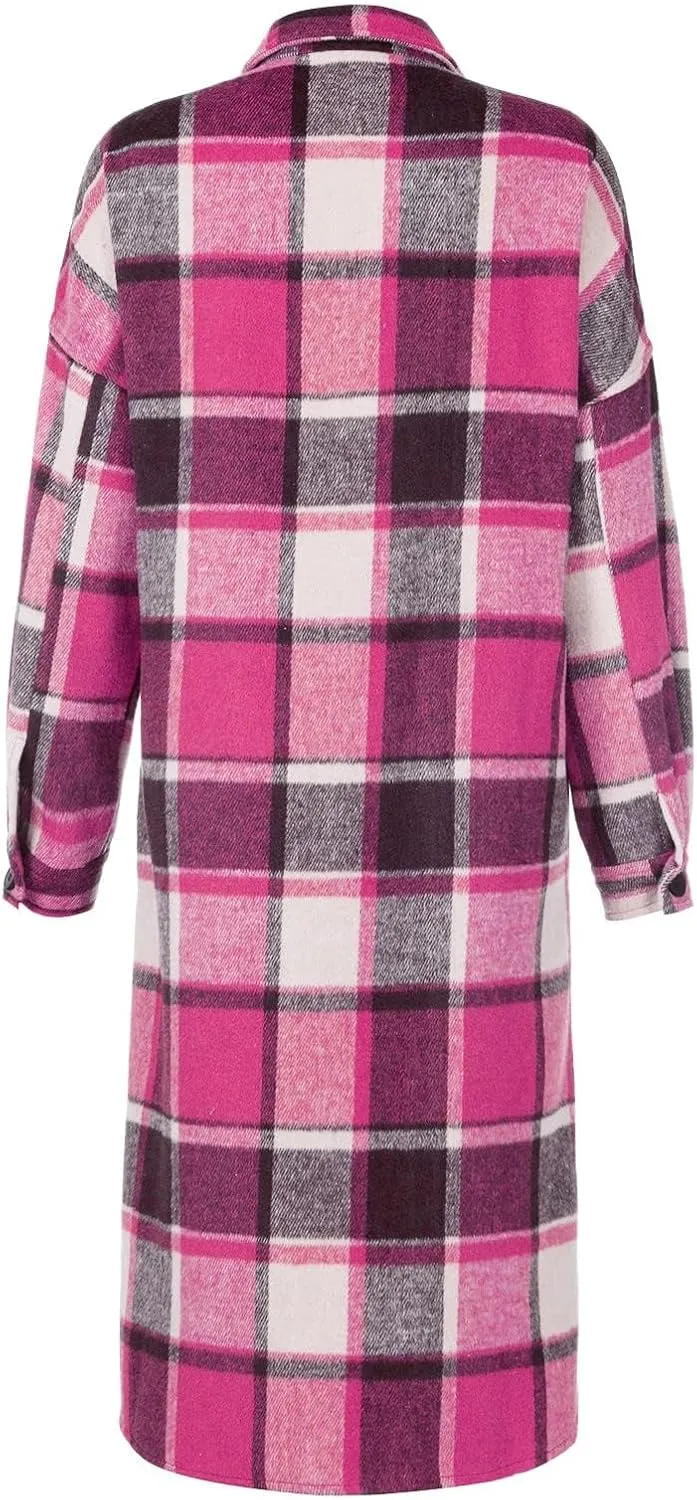 Women's Wool Blend Plaid Coat Single Breasted Long Oversized Pea Coat Jackets Casual Long Sleeve Jacket with Pockets