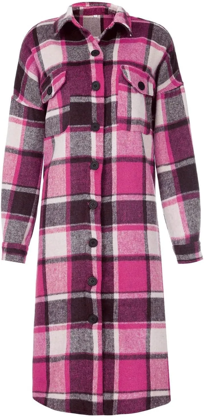 Women's Wool Blend Plaid Coat Single Breasted Long Oversized Pea Coat Jackets Casual Long Sleeve Jacket with Pockets