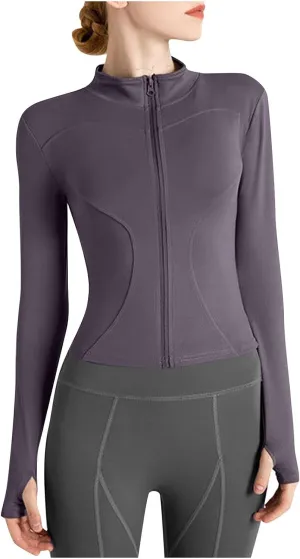 Womens Workout Shirts Long Sleeve Quick Dry Yoga Tops Running Breathable Athletic Slim Fit Solid Color Zip Outfits