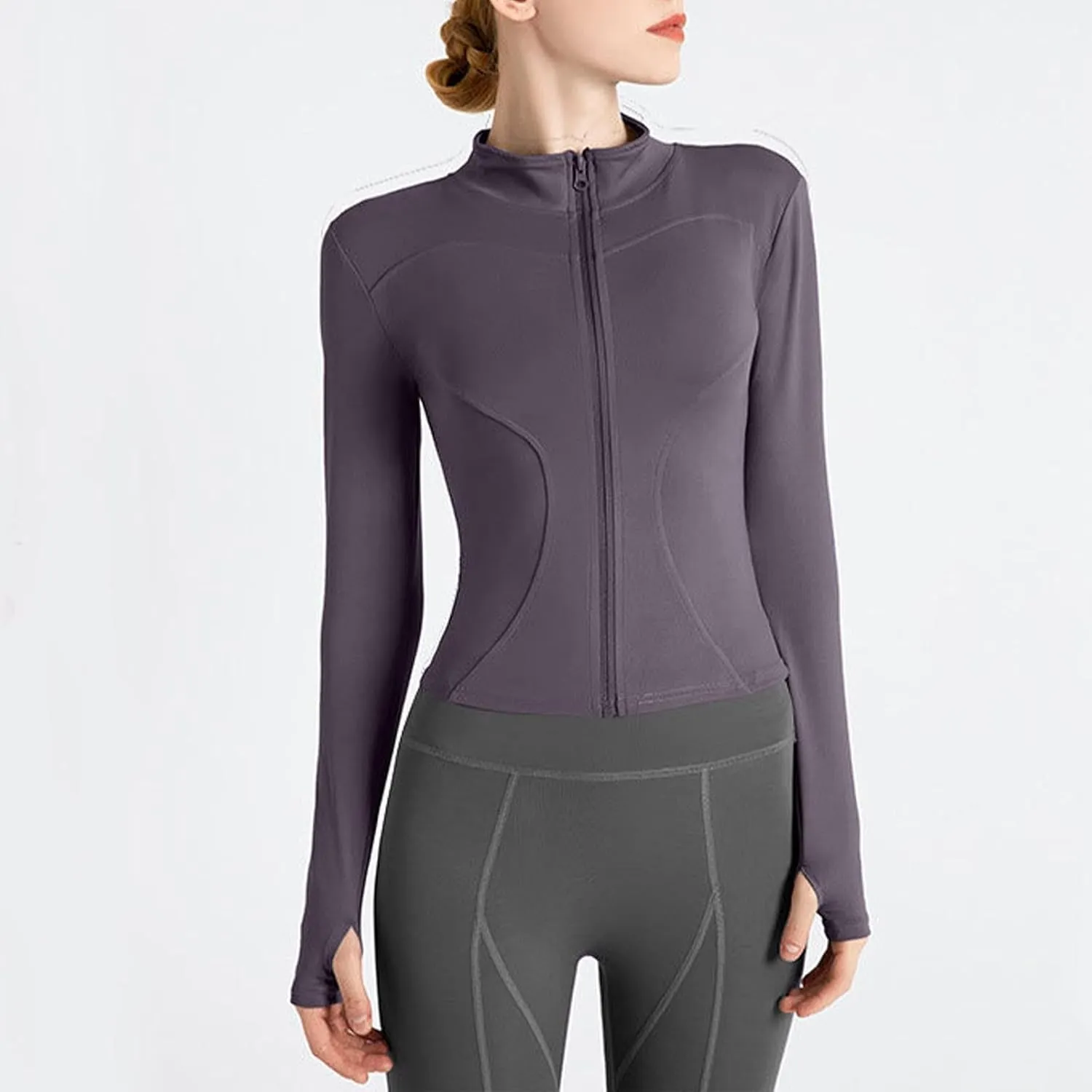 Womens Workout Shirts Long Sleeve Quick Dry Yoga Tops Running Breathable Athletic Slim Fit Solid Color Zip Outfits