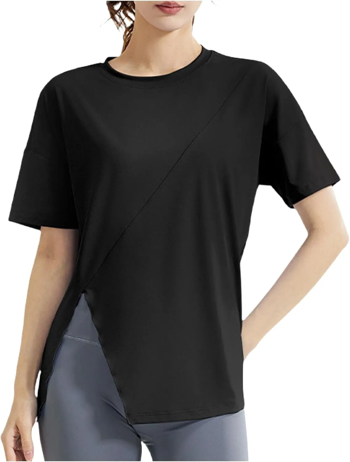 Women's Workout Soft Shirts Short Sleeve Crewneck Quick Dry Yoga T-Shirt Gym Athletic Tops Breathable Tee Side Slit