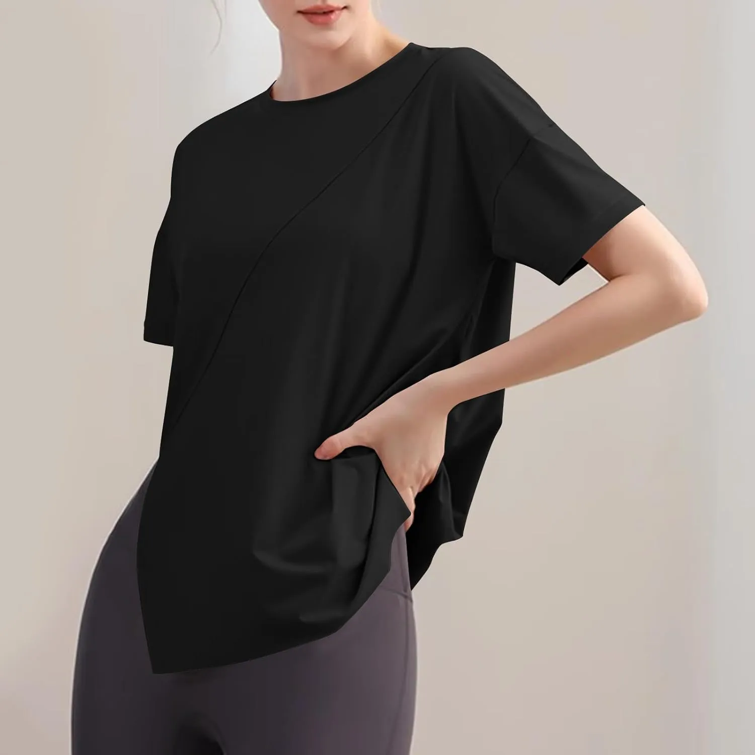 Women's Workout Soft Shirts Short Sleeve Crewneck Quick Dry Yoga T-Shirt Gym Athletic Tops Breathable Tee Side Slit