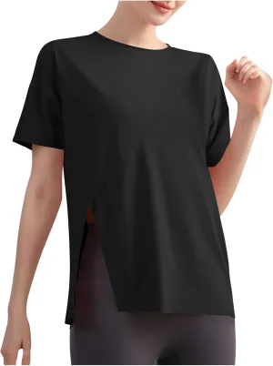 Women's Workout Soft Shirts Short Sleeve Crewneck Quick Dry Yoga T-Shirt Gym Athletic Tops Breathable Tee Side Slit