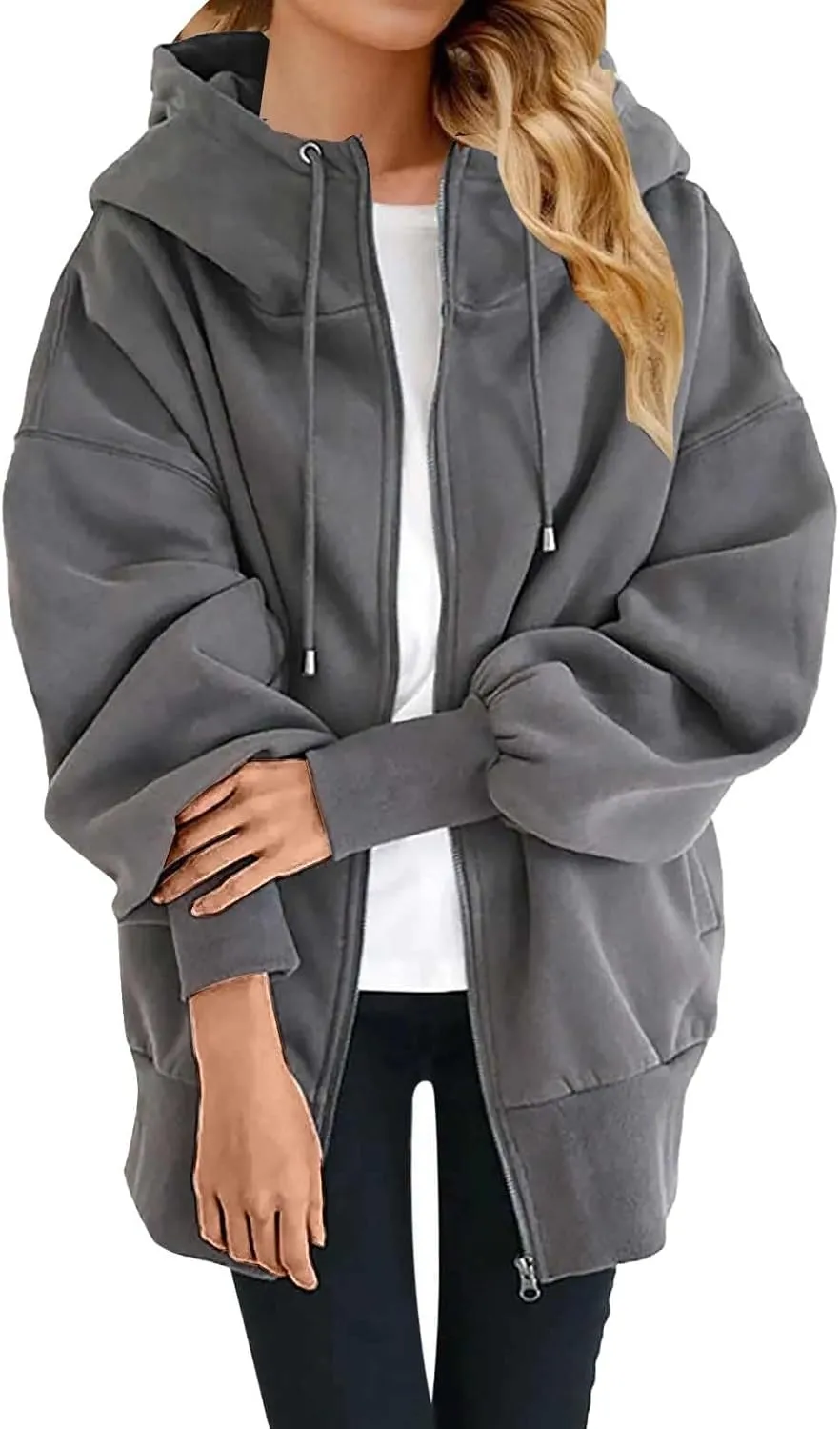 Women's Zip Up Hoodies Drawstring Long Sleeve Oversized Sweatshirts Loose Casual Fall Long Jackets Coats with Pockets