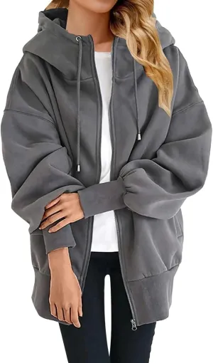 Women's Zip Up Hoodies Drawstring Long Sleeve Oversized Sweatshirts Loose Casual Fall Long Jackets Coats with Pockets