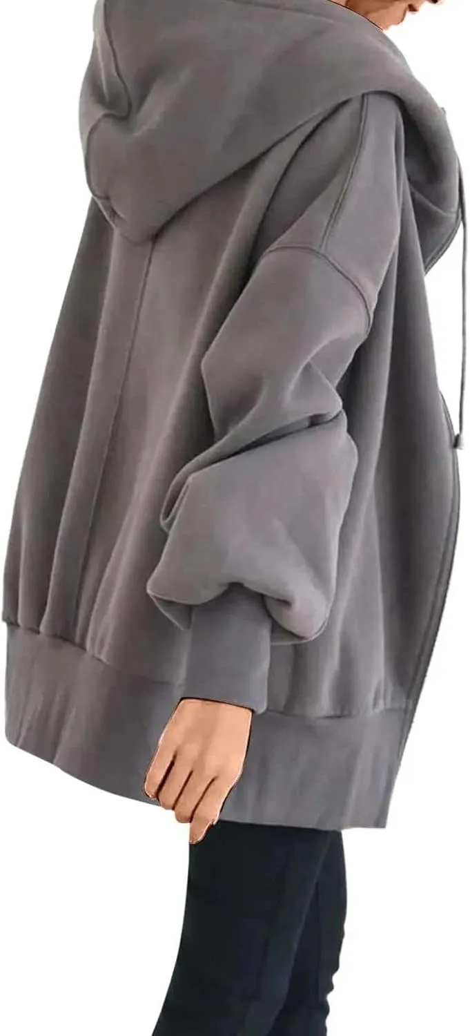 Women's Zip Up Hoodies Drawstring Long Sleeve Oversized Sweatshirts Loose Casual Fall Long Jackets Coats with Pockets