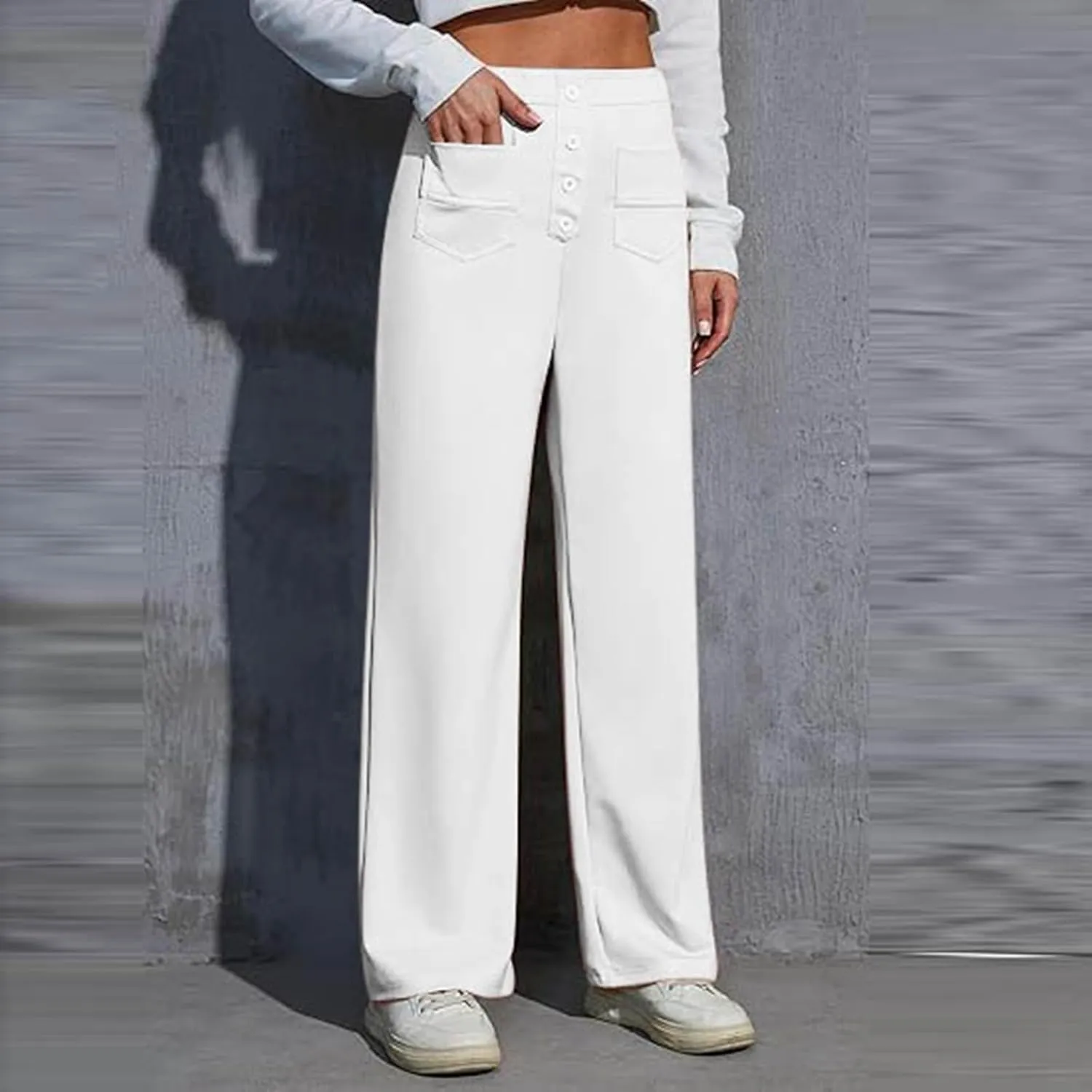 Work Pants for Women Casual Straight Leg Loose Fit High Waisted Trousers Trendy Button Down Comfort Pants with Pockets