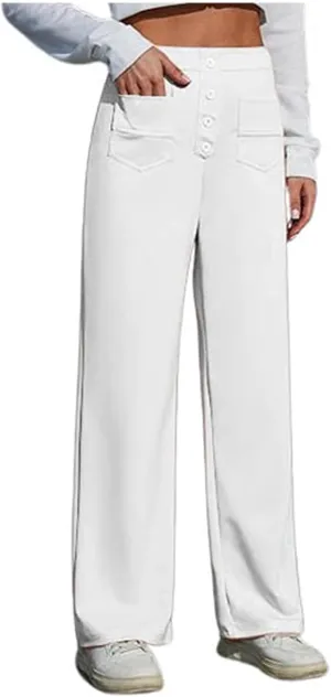Work Pants for Women Casual Straight Leg Loose Fit High Waisted Trousers Trendy Button Down Comfort Pants with Pockets