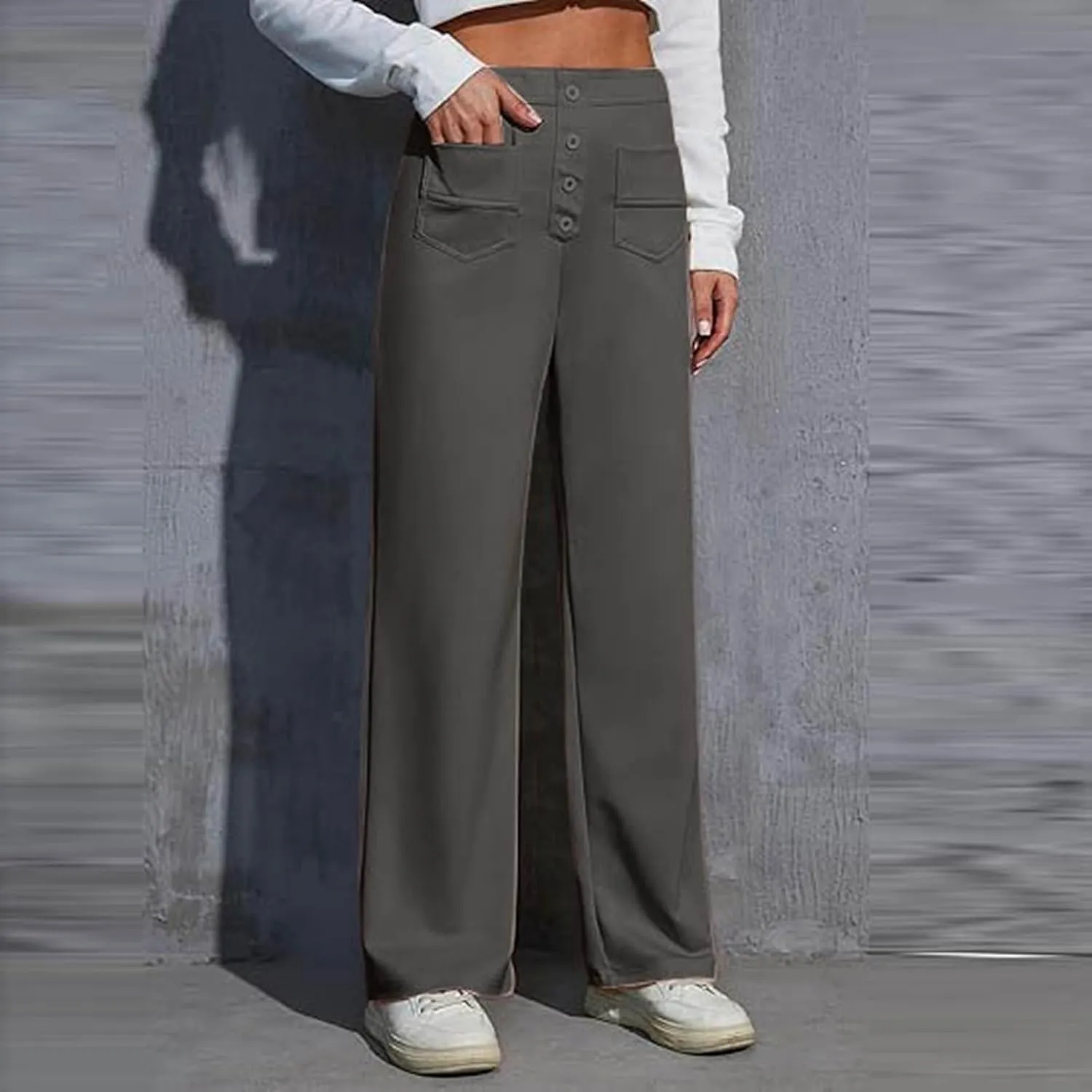 Work Pants for Women Casual Straight Leg Loose Fit High Waisted Trousers Trendy Button Down Comfort Pants with Pockets
