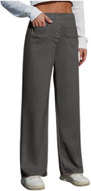 Work Pants for Women Casual Straight Leg Loose Fit High Waisted Trousers Trendy Button Down Comfort Pants with Pockets