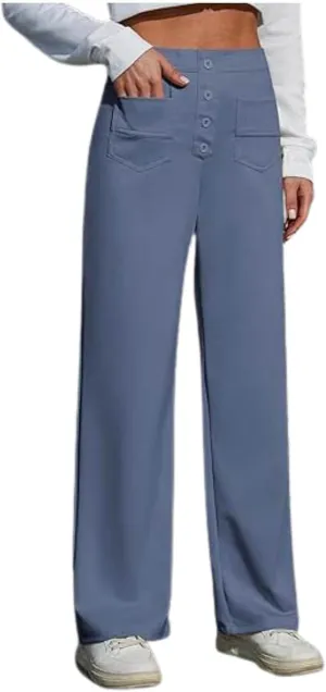 Work Pants for Women Fashion Straight Leg Loose Fit High Waisted Trousers Button Down Casual Comfort Pants with Pockets