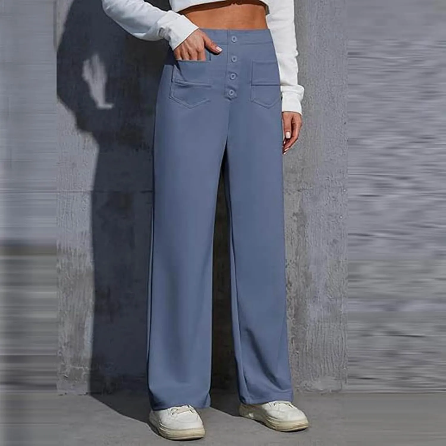 Work Pants for Women Fashion Straight Leg Loose Fit High Waisted Trousers Button Down Casual Comfort Pants with Pockets
