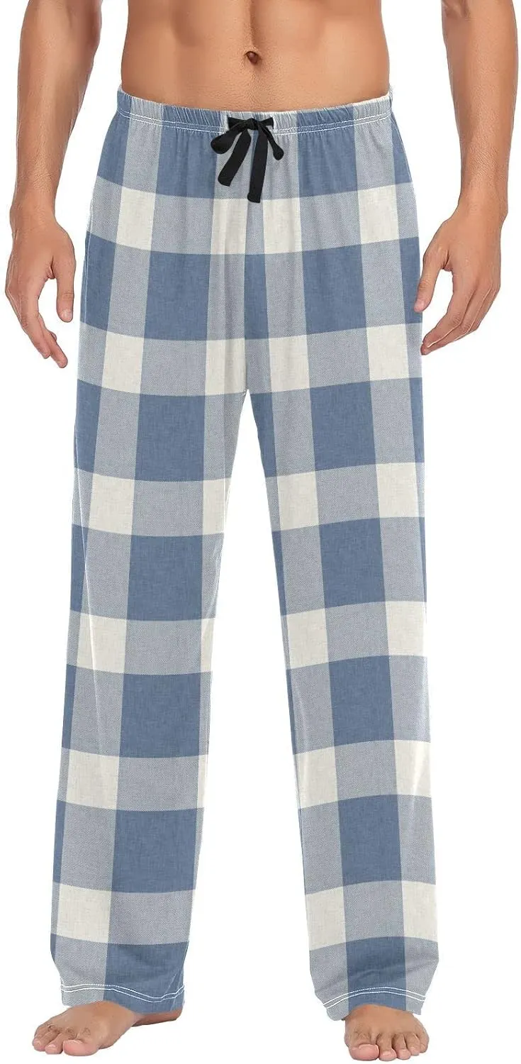 xigua Rustic Blue Plaid Men's Pajama Pant, Straight-Fit Lounge Pants, Pajama Bottoms with Pockets