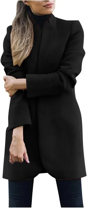 XUETON Women's Double Breasted Long Trench Coat Casual Lapel Open Front Winter Wool Blend Warm Coat Overcoat Outwear