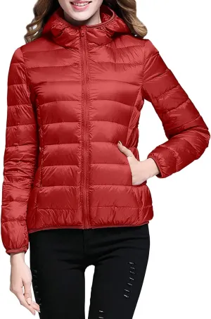 XUETON Womens Zip Up Lightweight Packable Down Puffer Jacket Autumn Winter Warm Hooded Windproof Water-Resistant Short Down Jacket Outerwear(Red,XX-Large)