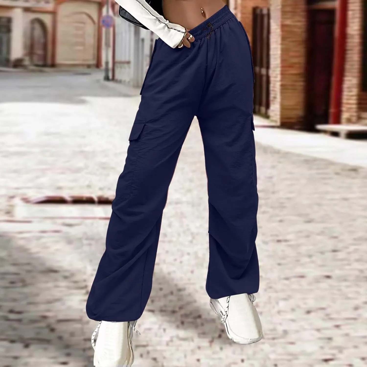 Y2K Teen Girls Street Cargo Pants Cute Low Waist Parachute Pants Multi-Pockets Wide Leg Cargo Pants Light Sweatpants